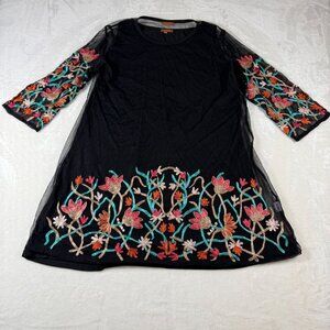 Scully Embroidered Black Sheer Top Lined Floral Tunic Large 3/4 Sleeve Boho